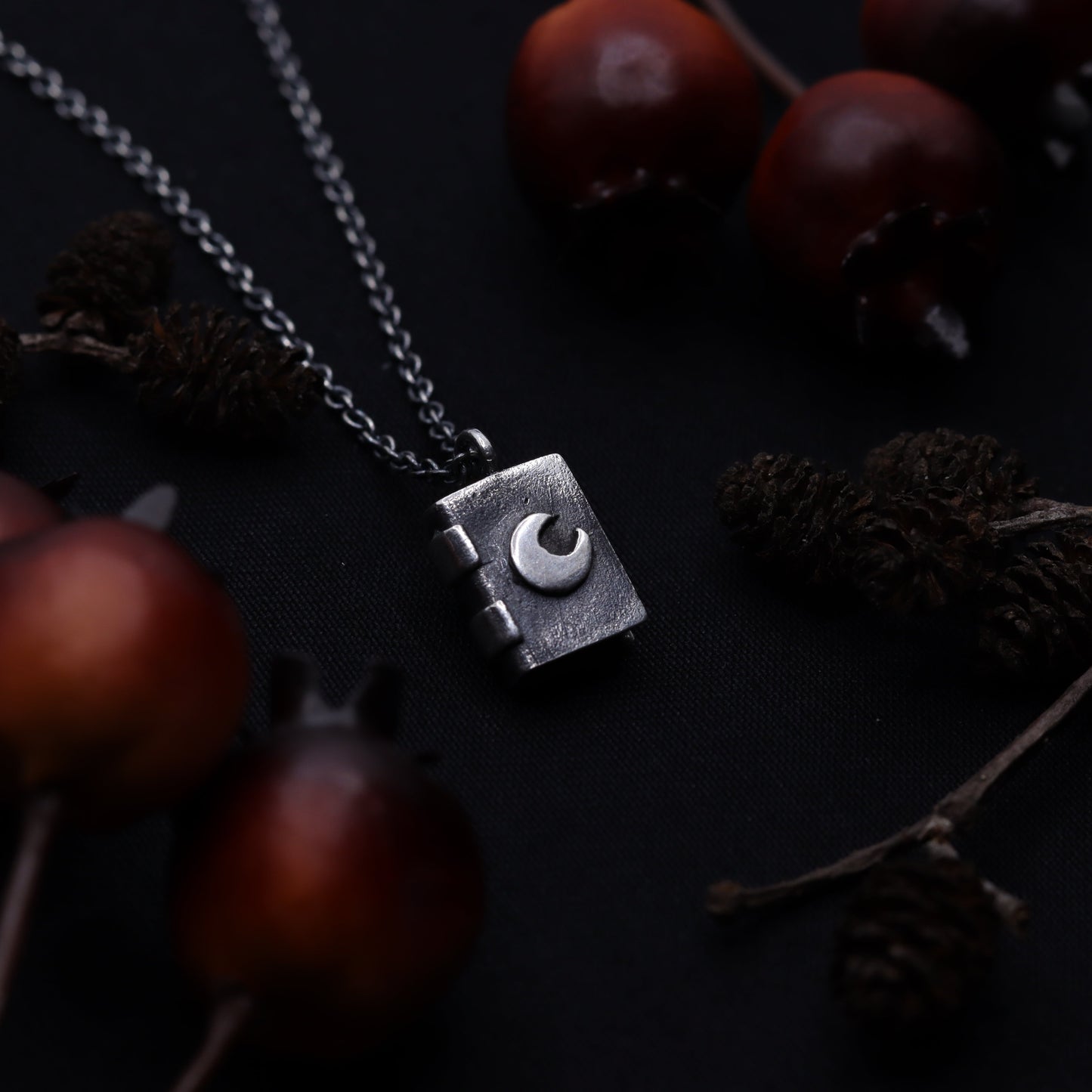 A silver necklace with a crescent moon book pendant, displayed against a dark background with scattered brown leaves.