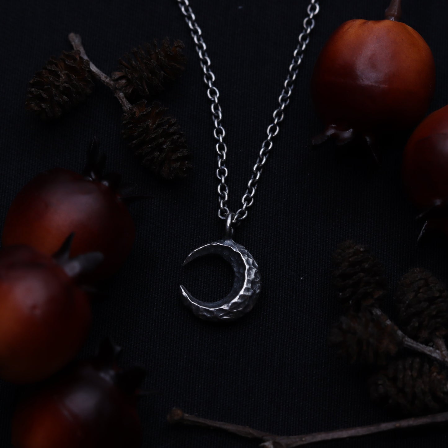 A silver necklace featuring a crescent moon pendant, displayed against a background of pine cones and dark leaves.