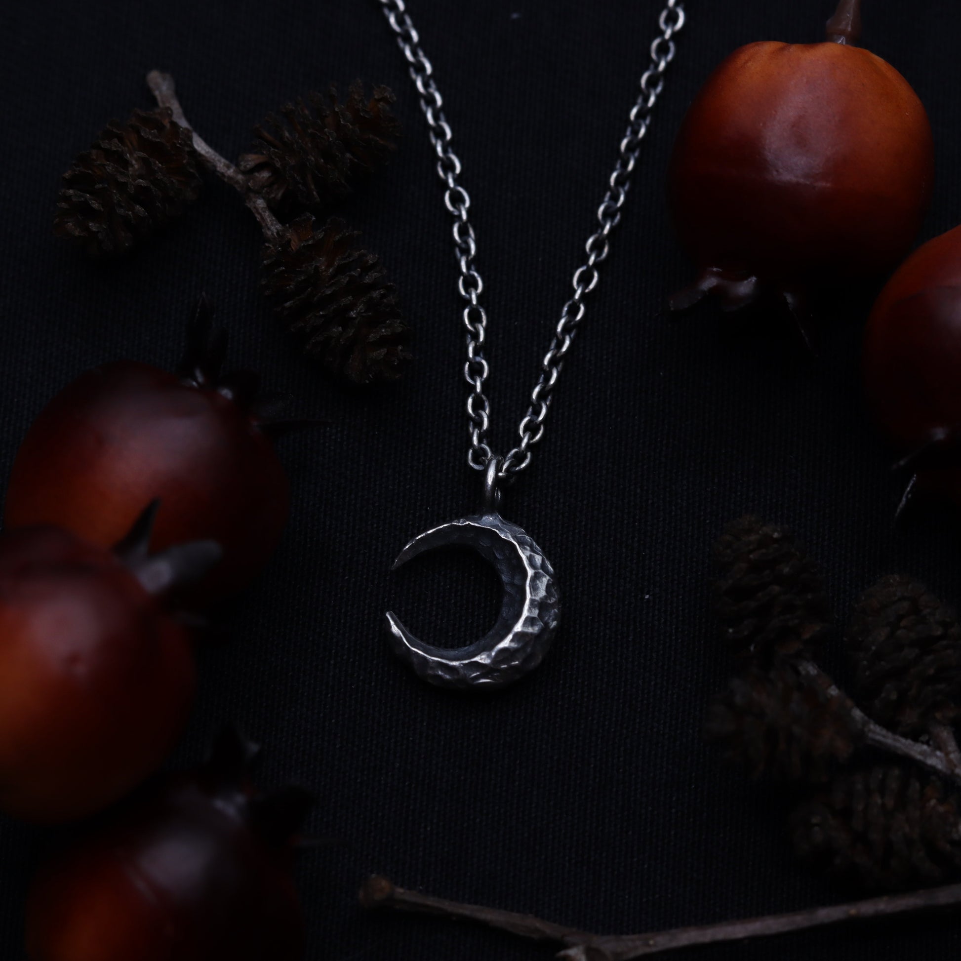 A silver necklace featuring a crescent moon pendant, displayed against a background of pine cones and dark leaves.