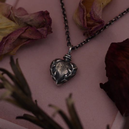 A sterling silver necklace with a heart-shaped love potion pendant, displayed on a pink surface with dried roses around it.