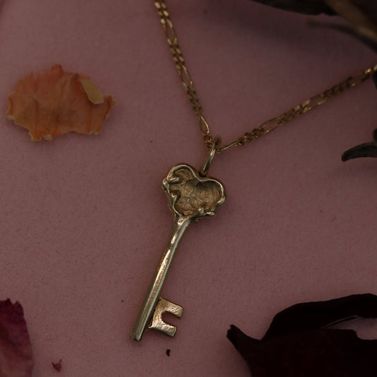A 10k gold necklace with a key-shaped pendant, displayed on a pink background with dried flowers.