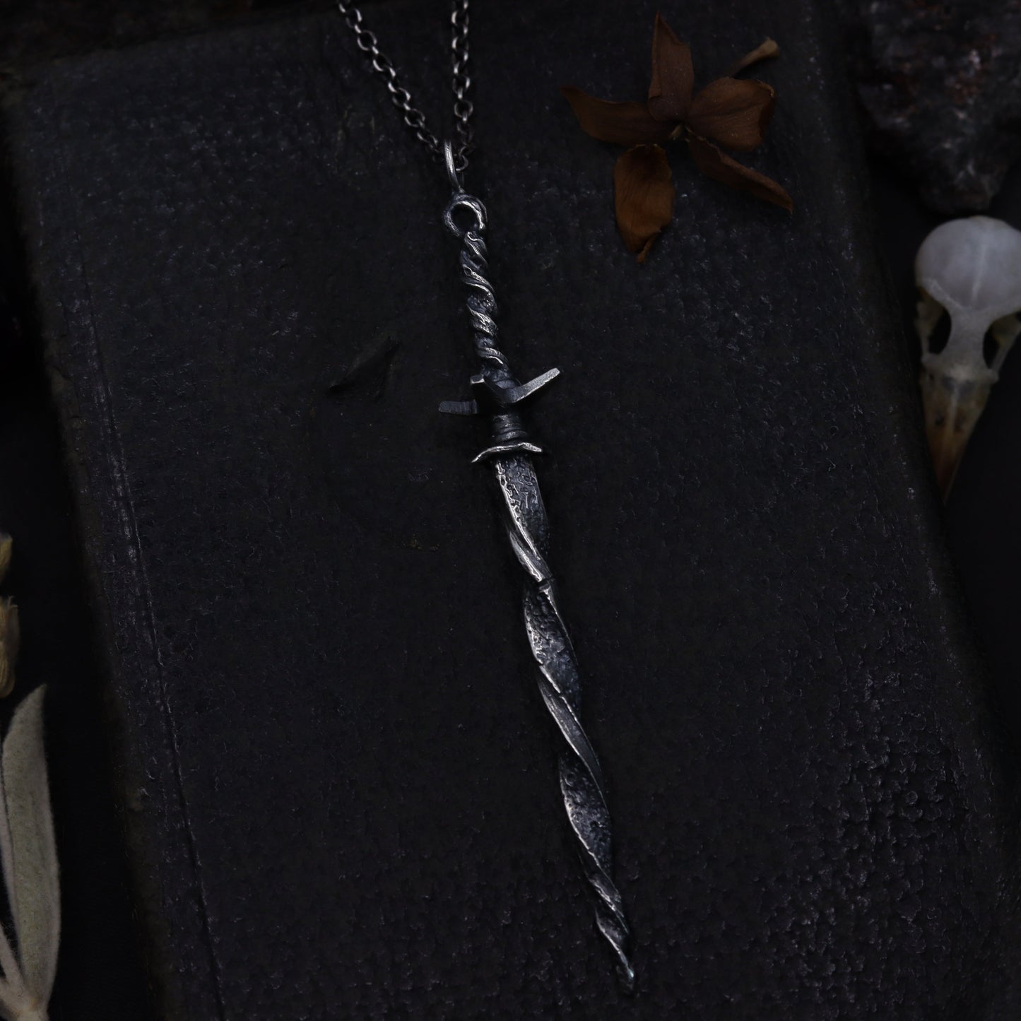 Silver sword-shaped pendant on a dark fabric background with dried plants.
