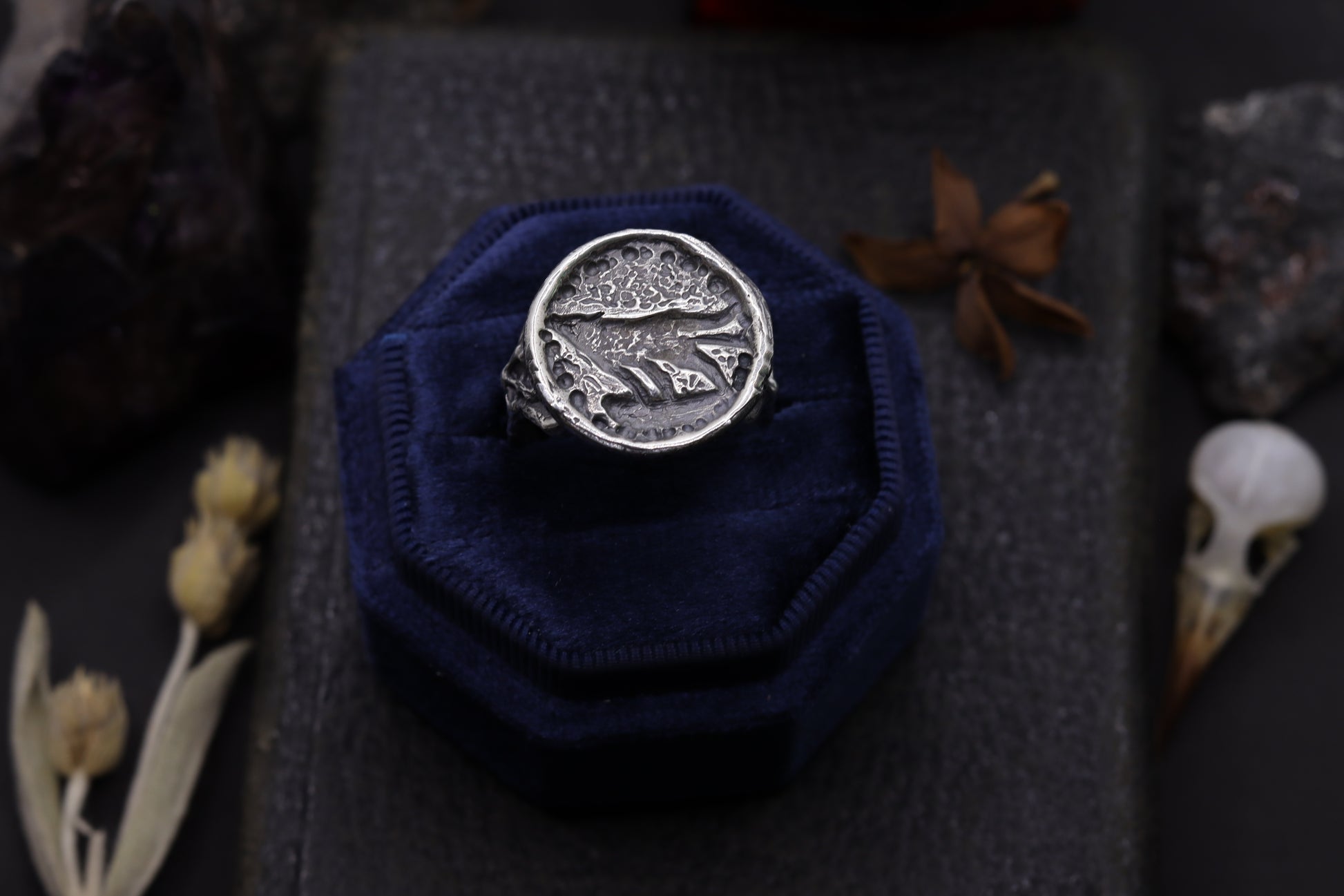 Silver wolf ring design with a detailed design on a blue cushion, surrounded by dried plants and spices.