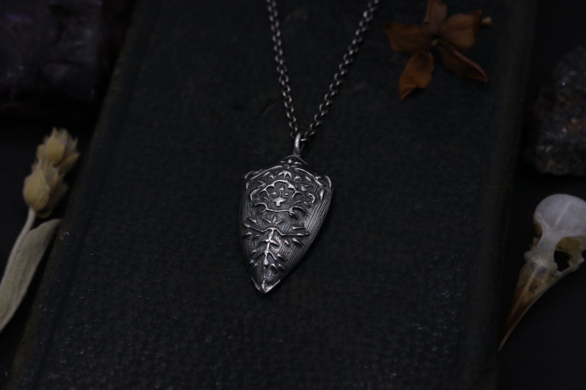 Silver Shield pendant necklace on a dark textured surface with dried flowers and a skull.