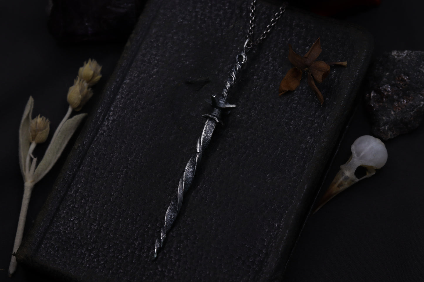 Silver sword-shaped necklace on a dark surface with dried plants and a skull.