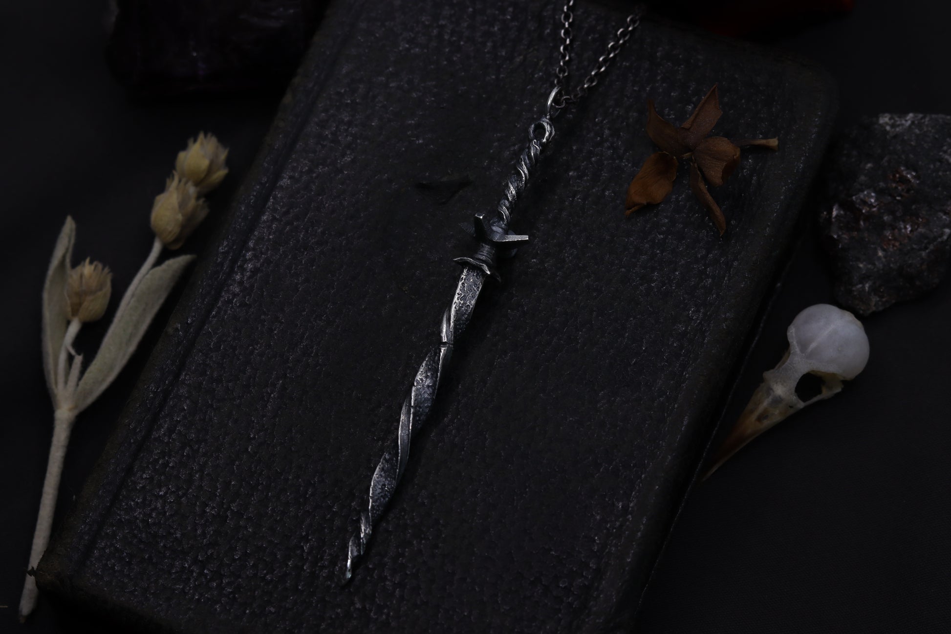 Silver sword-shaped necklace on a dark surface with dried plants and a skull.